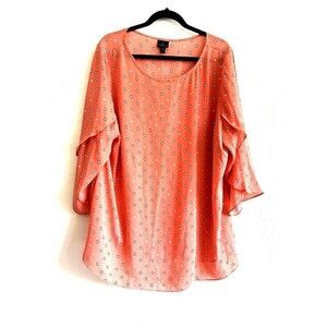 Worthington Woman's‎ Polka Dot Flutter Sleeve Orange Top Size 1X Lightweight